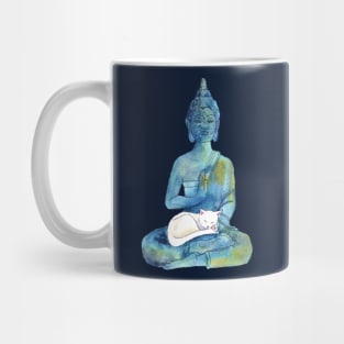 Watercolor Meditating Zen Buddha Statue with Sleepy Cat Mug